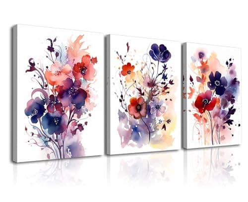Image of PIY PAINTING Modern Paintings with Flowers Living Room Watercolor Flowers Print 3 Pieces Elegant Flower Canvas Print with Inner Frame for Home Decoration 30 x 40 cm