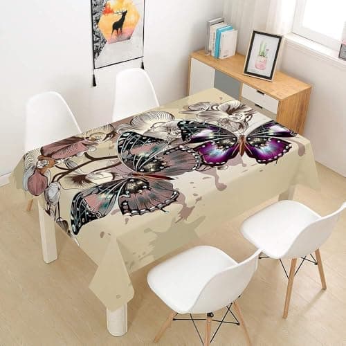 Image of Rectangular Tablecloth Butterfly and Flower Extra Large Table Cloth Cover 140x300 cm Khaki Wipe Clean Polyester Fabric, 3D Table Protector for Kitchen Dining Party 55x118 in a-9269