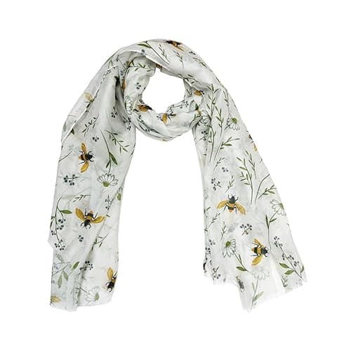 Image of Zac's Alter Ego Floral Bee Print Scarves, Lightweight Fashion Wrap Shawls in Multicolour with Daisy Pattern, Decorative Accessory For Women (White)