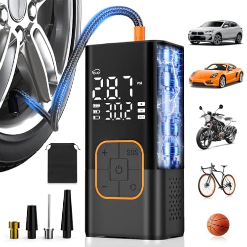Image of Tyre Inflator Air Compressor, Cordless Electric Bike Pump & Car Tyre Pump with Digital Pressure Gauge 150 PSI, Dual Values Display, LED Light, Portable Tyre Inflator for Car/Bicycle/Motocycle/Ball