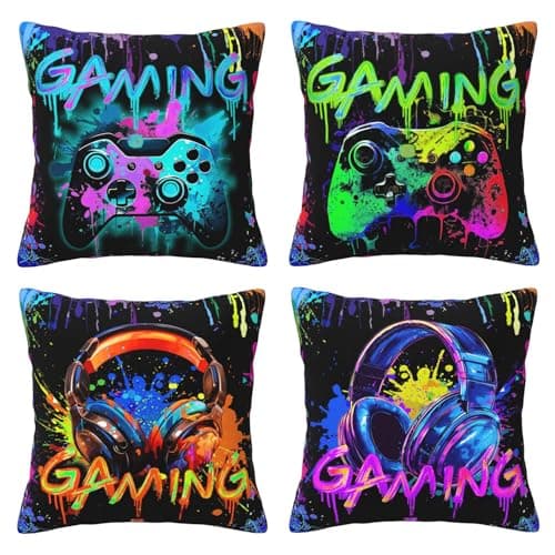 Image of Gamer Gifts for Boys, 2PCS Gaming Pillow Covers For Player,45x45cm Watercolour Graffiti Gaming Cushion Covers Gamer Decorative Accessories for Room,Throw Pillow Cases For Couch Sofa Office Bedroom (E)