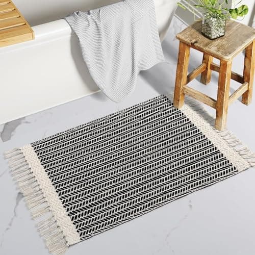 Image of The Seeker Boho Bath Mat, Washable Thin Door Mat Indoor, Small Black Woven Cotton Rug with Tassels for Bedroom, Low Pile Carpet for Entrance, Kitchen, Bathroom or Laundry