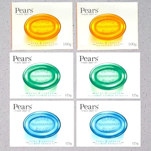 Image of Pears Soap Bars Bundle: 2 x 100g Glycerin Soap & Natural Oils, 2 x 125g Lemon Flower Extracts & 2 x 125g Mint Extracts With Pure Transparency (700g)