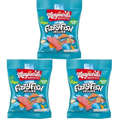 Image of Maynards Bassetts Fizzy Fish Jellies Sweets Bag, Soft & Fizzy Fruity Fish Shaped Candies, 130 g (Pack of 3)