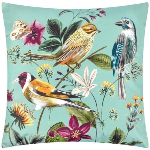 Image of Wylder Nature Midnight Garden Birds Outdoor Cushion Cover, Aqua, 43 x 43cm