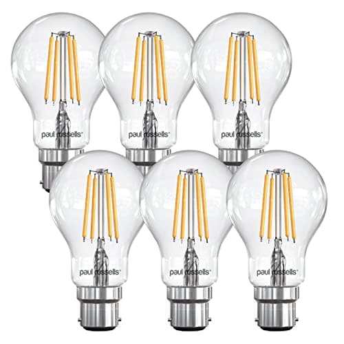 Image of paul russells B22 Bayonet Cap LED Filament – 4.5Watt 40W Equivalent 470LM Lumens 2700K BC Standard GLS A60 – Super Bright Energy Saving Light Non-Dimmable - Warm White Bulbs - Pack of 6