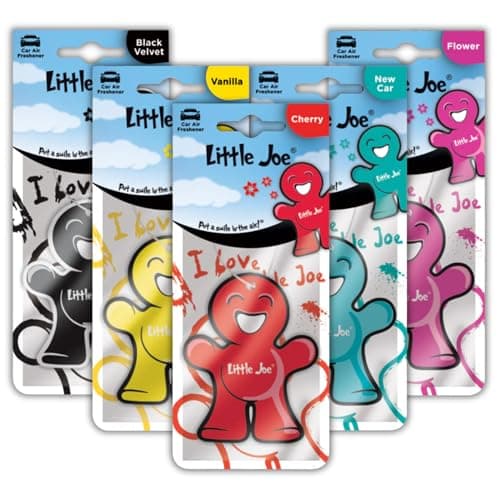 Image of Little Joe Paper Car Air Freshener, 30-Day Long-Lasting Fragrance, Hanging Scented Novelty Freshener - Mixed 5 Pack of Black Velvet, Cherry, New Car, Flower & Vanilla