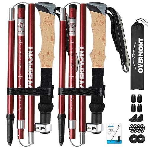 Image of Overmont Walking Poles - 2pcs Collapsible Ultralight Aluminum Walking Sticks for Women Men Seniors with EVA Cork Handle,Trekking Poles Foldable, For Hiking, Camping, Mountaining, Backpacking Red