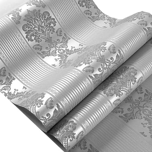 Image of Luxury Silver Grey Damask Wallpaper Metallic Grey Wallpaper Luxury Floral Embossed Flock Textured Non-Woven Wallpaper Roll for Bedroom Livingroom Hallway