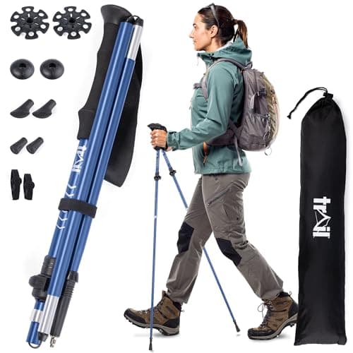 Image of Trail Folding Walking Poles 2 Pack – Lightweight Aluminium Trekking & Hiking Sticks, Adjustable Fliplock Design, Tungsten Tips with Mud, Snow, Rubber & Boot Attachments for All Terrains, 120–135cm