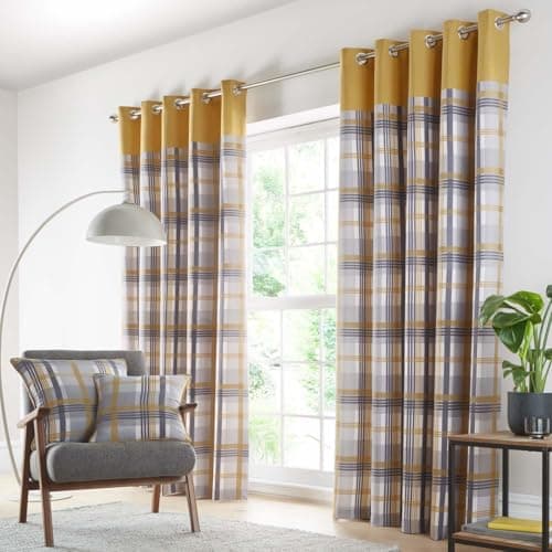 Image of HOMEMAKER BEDDING Check curtains eyelet ring top lined ochre yellow grey taupe tartan (66 x 72 (168x183cm))
