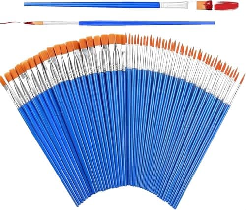 Image of 100 Pcs Paint Brush Set, Small Paint Brushes with 50 Flat and 50 Round Pointed, Brushes for Acrylic Painting, Watercolor, Canvas Face Painting Craft, Ideal for Classroom, Children