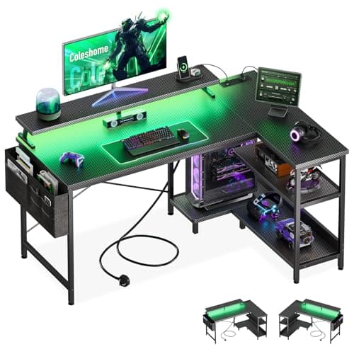 Image of Coleshome L Shaped Gaming Desk with LED Lights, 120 × 80 cm Computer Desk with Power Outlet, Reversible Corner Gaming Table with Storage Shelves & Monitor Stand, Carbon Fiber Black