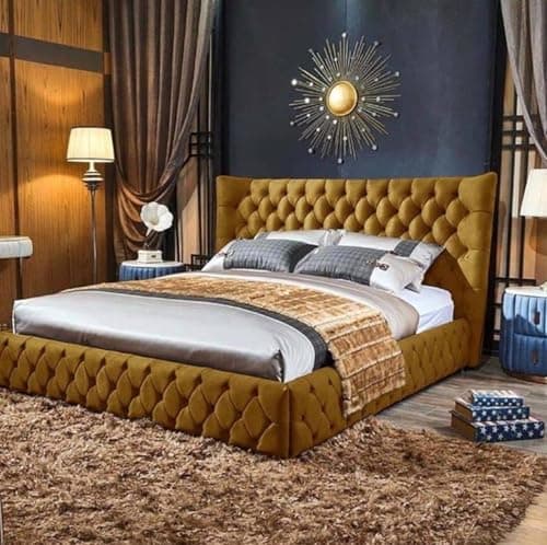 Image of Chesterfield Wing Back Ottoman Bed Frame - Sleigh Bed Frame Upholstered Ottoman Bed Frame With 137cm High Floor Standing Headboard Bed Frame Without Mattress (Blue, 4FT6 Double)