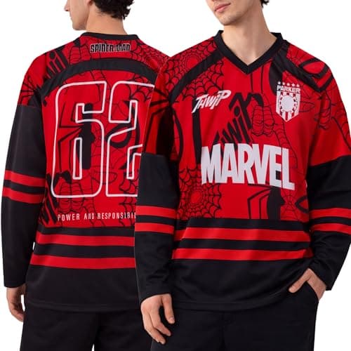 Image of Marvel Mens Hockey Jersey - Spider-Man Punisher Mickey Mouse Long Sleeve Mesh Graphic Hockey Jerseys for Men, Size Runs Large, Red/Black Marvel, Large