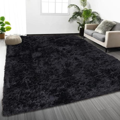 Image of Oxford Homeware Rugs Living Room 120 x 170 cm – Fluffy Shaggy Black Area Rugs for Bedroom, Lounge – Super Soft Non Slip Rug Washable Modern Floor Carpets Bedside Rug for Kids Room