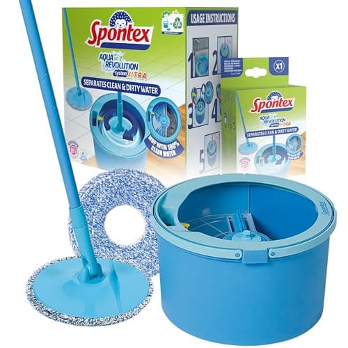 Image of Spontex Aqua Revolution System X'tra Floor Mop and Bucket Set with Free Refill | Separates Clean & Dirty Water | Cleans Laminate, Wood & Tile Flooring | Flat Spin Mop with Microfibre Refills