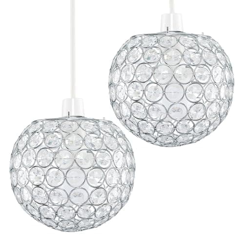 Image of MiniSun | Modern Chrome Globe Ceiling Light Shades with Acrylic Crystal Effect Jewels | Pendant Lights, Home Décor & Improvement Essential | Set of 2 | 18cm Shade Width