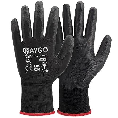Image of KAYGO Work Gloves PU Coated-12 Pairs, KG11PB, Black Safety Working Gloves with Secure Grip on Palm & Fingers, for Men and Women, Ideal for General Duty Work, Gardening(Small, Black)