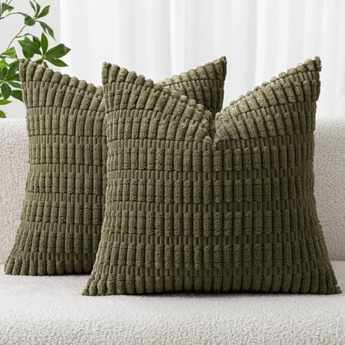 Image of MIULEE Pack of 2 Corduroy Square Cushion Cover Olive Green 50x50 cm 20x20 inch for Living Room Sofa Bedroom Rustic Modern Farmhouse Boho Home Decor