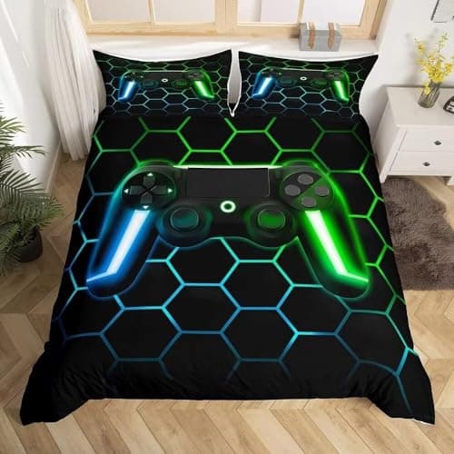 Image of Tabeskly Boy Black Green Gaming Bedding Duvet Cover Set Single, Kids Gamepad Gamer Soft Zipper Childrens Full Bed 3 Piece Quilt Covers and Pillowcases 135×200cm