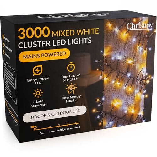 Image of CHRISTOW 3000 LED Cluster Christmas Tree Lights, Mixed White Fairy Lights with Timer, 8 Light Modes, Energy Efficient 3mm Micro LEDs, Indoor & Outdoor, Mains Powered, Green Cable, 37.48m Lit Length