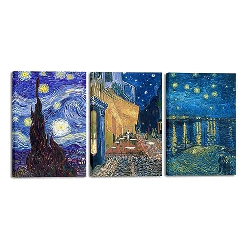 Image of Wieco Art Large 3 Panels Canvas Prints of Vincent Van Gogh Paintings Reproduction Starry Night Cafe Terrace at Night Canvas Wall Art for Living Room Home Office Decor