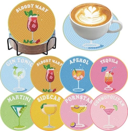 Image of 8 Pcs Cocktail Diamond Art Coasters Kits for Adult, Retro Cocktail Diamond Painting Coasters Kits with Holder, DIY Round Non Slip Mosaic Coaster Crafts Kits for Tabletop Protection and Gifts