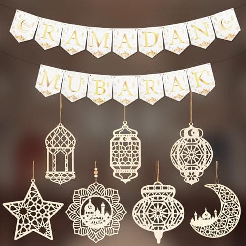 Image of Ramadan Decorations, 7PCS Eid Mubarak Decorations - Ramadan Mubarak Banner for Home, Wooden Lantern Moon Star Castle Shape Ornaments Decor, Hanging on Wall Window Tree for Islamic Muslim Party
