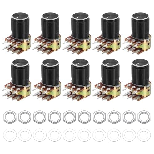 Image of sourcing map 10 Set WH148 B10K Ohm Potentiometer Kit, 6-Pin Split Shaft Rotary Linear Dual Taper Rotary Audio Potentiometer with Knob Nut Washer for Audio Volume Control, 15mm Shaft, Black