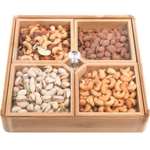 Image of WUWEOT Bamboo Nut and Candy Serving Tray, Party Appetizer Platter and Veggie Dish, Candy Bowl with Acrylic Lid & Removable Dividers for Taco Dip and Chip Bowls
