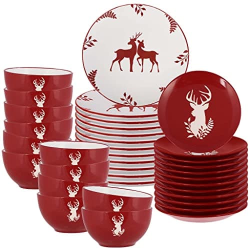 Image of 36 Piece Red Reindeer Stoneware Dinner Set - Dishwasher Microwave Safe