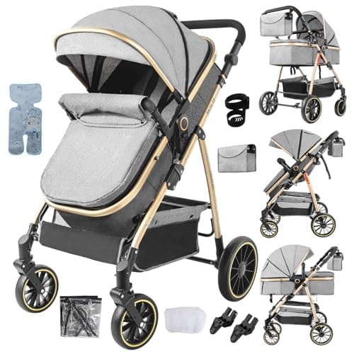 Image of Aveainelle 3 in 1 Baby Stroller, Travel System Reclining and Reversible, One-Click Folding Pushchair Pram, Infant Buggy with Complete Accessories, Front and Rear Wheel Dual Brake Mode (Grey)