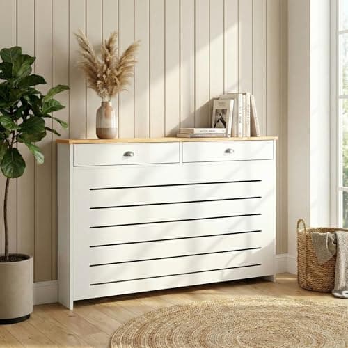 Image of DuraTherm® Radiator Cover Cream Painted MDF Cabinet Horizontal Slat Storage Drawers & Shelf, Radiator Cabinets for Office Hallway Living Room Bedroom, Medium (H: 96cm / W: 111.5cm / D: 19cm)