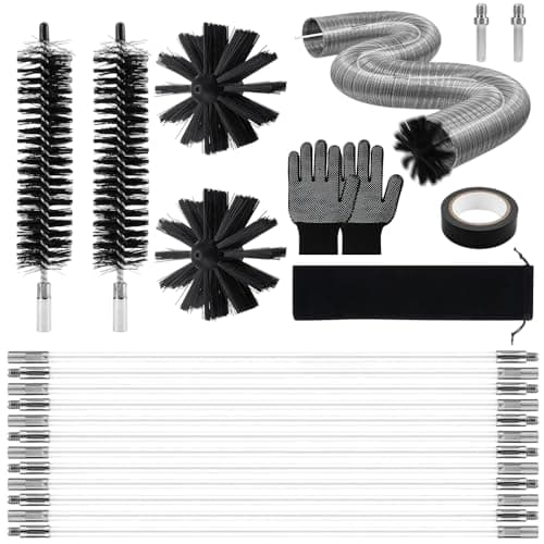 Image of Jonuin Chimney Cleaning Brush Kit, 21 Pcs Chimney Sweep Kit with 12 Flexible Rods, 4 Brush Heads, 2 Hex Adapters, Tape, Gloves & Storage Bag, Duct Vent Cleaning Set for Flue, Fireplace, Sewage Pipe
