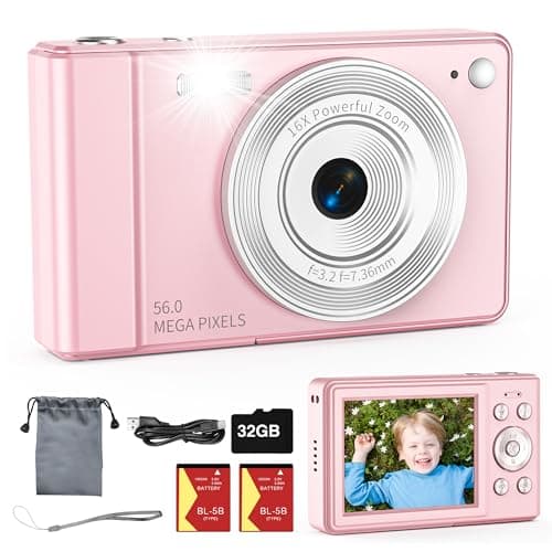Image of Upgrade Digital Camera, 56MP FHD 1080P for Kids with 16x Zoom Anti Shake, 32GB TF Card, Two Batteries, Lanyard, Compact Small for Boys Girls （Pink）