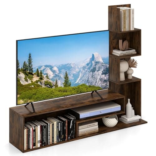 Image of COSTWAY TV Stand for TVs up to 50 Inches, Cube TV Unit Cabinet with L-Shaped Storage Shelves & Open Compartments, Wooden Media Entertainment Center Console Table for Living Room Bedroom (Rustic Brown)