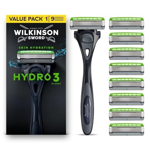 Image of Wilkinson Sword Hydro 3 Razors for Men, Value Pack, Dual Lubrication, Carbon Coated Blades, Men's Shaver Razor Handle Plus 9 Blade Refills