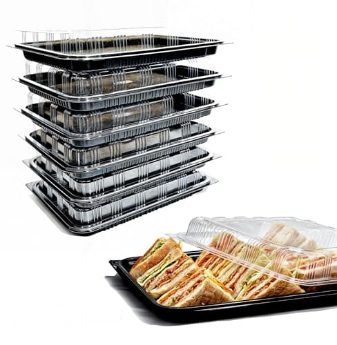 Image of Zumart Pack of 6 Sandwich Platter Trays With lids - Reusable Plastic Catering Trays With Lids for Meal Prep, Cakes, Treats and Sandwiches (33.5cm x 24cm x 6cm)