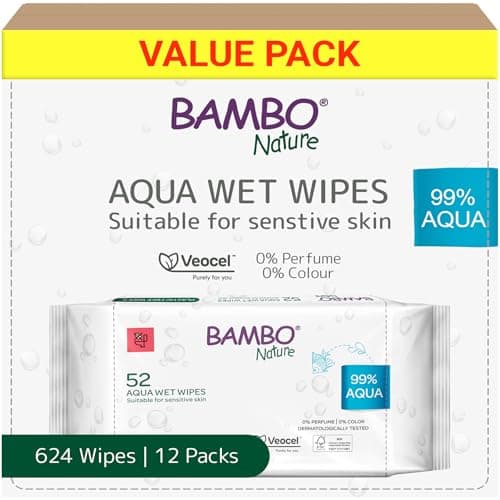 Image of Bambo Nature Aqua Wet Wipes, 12 Packs (624 Wipes), 99% Water, Sensitive Skin Safe, Extra Soft Baby Wipes with 100% Veocel Viscose, Irritation Free for Delicate Skin, Fragrance Free