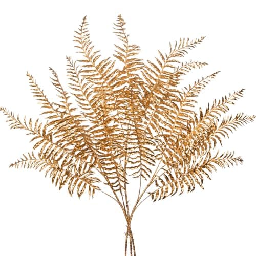 Image of Oairse Set of 3 Artificial Gold Fern Stems 76cm Glitter Faux Fern Branches for Xmas Christmas Tree Decorations, Holiday Floral Arrangements, Wedding Centerpieces, Home and Party Decor