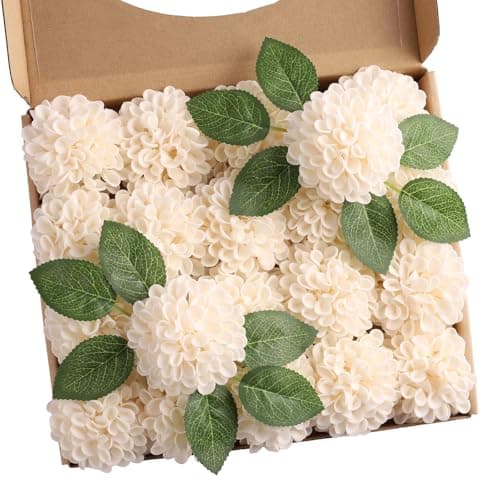 Image of N&T NIETING Artificial Flowers 20pcs Fake Dahlia Flowers with Leaves and Stems, Foam Dahlia DIY Flower for Wedding Bouquets Floral Centerpieces Arrangements Shower Party Home Decor, Cream