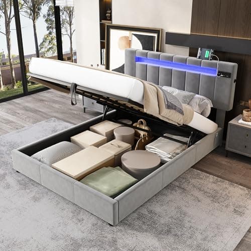 Image of Merax Upholstered Bed Frame with Hydraulic Lift, 4FT6 Double Bed Frame with Bluetooth Stereo, USB Port and Small Pockets, Functional Ottoman Bed, 7 Colors LED Lighting, Velvet, Grey, 135x190cm