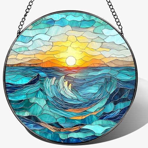 Image of Stained Glass Window Hanging, Pauyadu 8 Inch Beach Stained Glass Suncatcher, Window Decoration Hanging, Sunrise Lover Gift, Natural Gift, Beach Home Decor, Gifts for Family, Friends, Colleagues