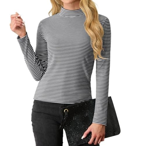Image of PrinStory Women's Turtle Neck Sweatshirts Elegant Jumpers Long Sleeve Tops For Women Business Casual Pullover Tops For Ladies (Black White Stripe, XXL)