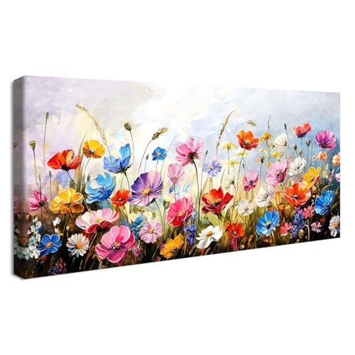 Image of Wooden Framed Large Canvas Wall Art Blue Sky Daisy Flowers Painting on Canvas Prints Poster Colorful Flower Sea Pictures for Living Room Bedroom Restaurant Abstract Aesthetic Wall Decor 50x120cm