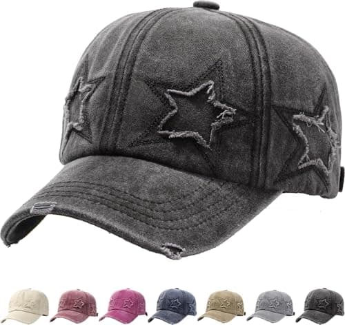 Image of LXOrdora Retro Baseball Cap Star Embroidery Washed Cotton Hats Black
