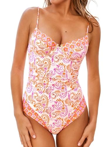 Image of CUPSHE Women's One Piece Swimsuit V Neck Color Block Underwire Push Up Ruching Tummy Control Back Cutout Retro Textured Light Pink/Floral M