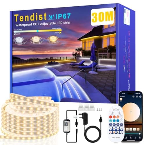 Image of 30M Outdoor Led Strip Lights Waterproof Warm White Led Strip, IP67 Dimmable White Rope Lights with APP & Remote, 24V 3000K to 6500K Self Adhesive Smart Light for Outdoor Garden, Balcony, Patio