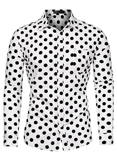 Image of Uxcell Men's Shirts Polka Dots Long Sleeve Slim Fit Printed Dress Button Down Shirt White and Black M
